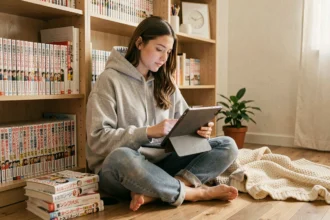 Jeune femme lisant un manga légalement sur tablette entourée de volumes de manga dans sa chambre