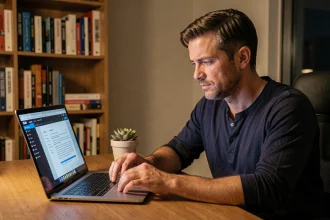 Homme utilisant une application de scan de documents la nuit sur un ordinateur portable dans un bureau à domicile
