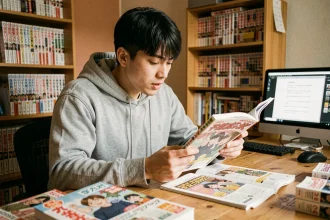 Jeune homme lisant un scan de manga japonais à son bureau entouré de volumes One Punch Man