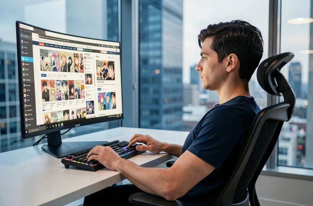 Homme parcourant des sites alternatifs de lecture de scans manga sur un grand écran de bureau