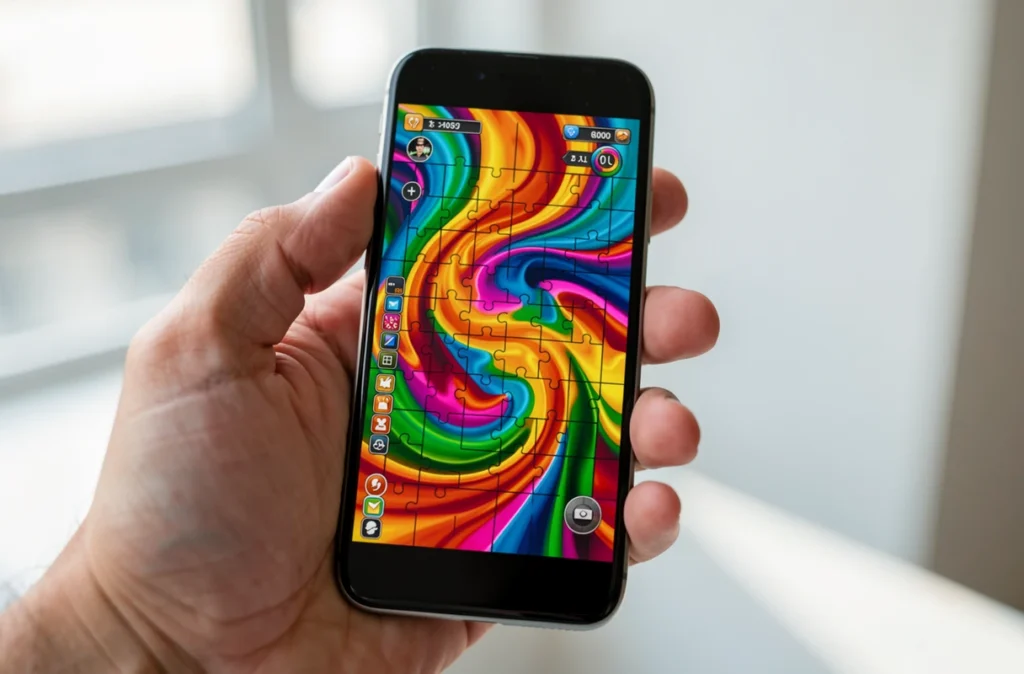Main tenant un smartphone affichant un jeu de puzzle coloré
