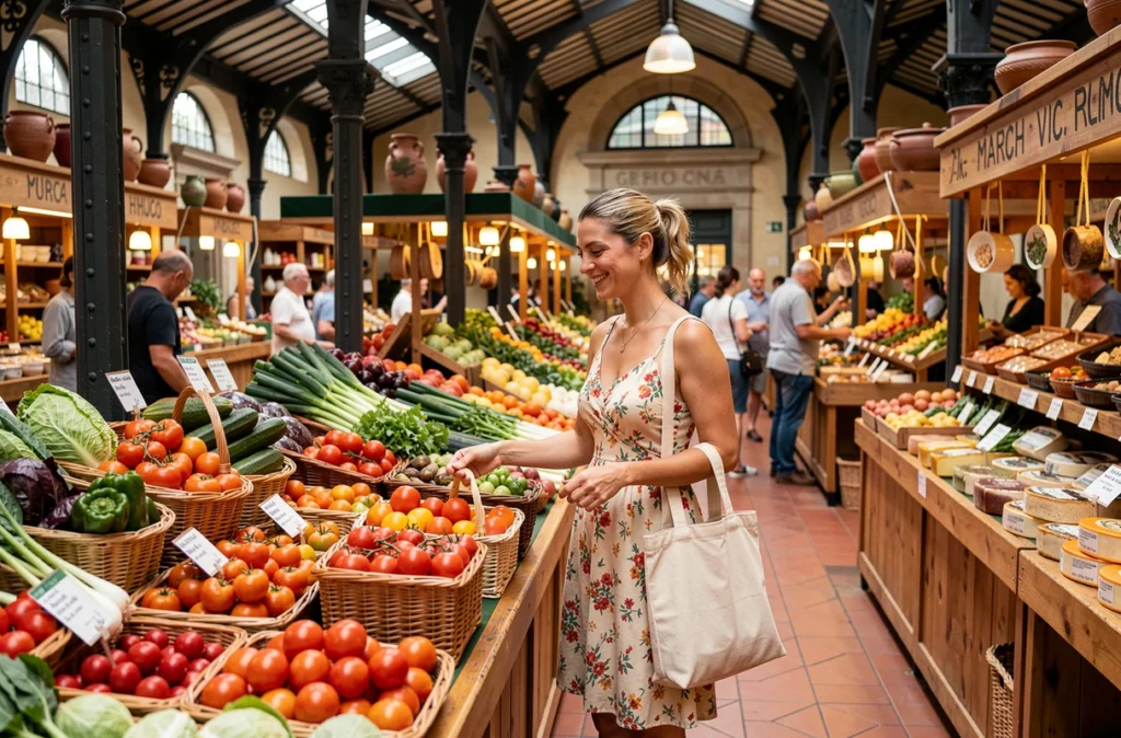 Femme explorant les étals colorés du Marché Victor Hugo à Toulouse lors d'un premier séjour