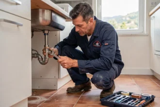 Plombier professionnel en Haute-Corse réparant une fuite sous un évier dans une cuisine moderne