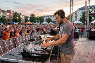 DJ professionnel sur scène lors d'un festival en plein air dans le Val-de-Marne, avec une foule enthousiaste en arrière-plan