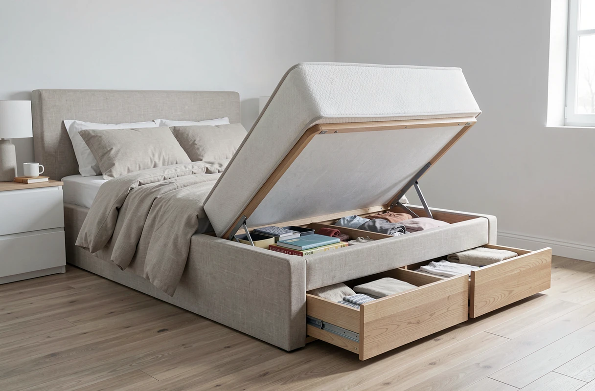 Chambre avec lit coffre ouvert révélant son espace de rangement intérieur et banquette à tiroirs au pied du lit