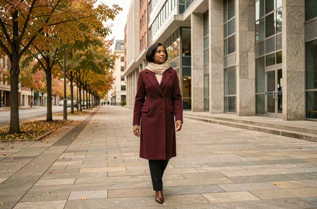 Femme marchant dans un cadre urbain institutionnel en automne, symbolisant l'engagement générationnel et le parcours de Naïma M'Faddel