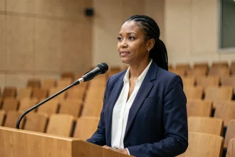 Femme engagée d'origine nord-africaine prenant la parole lors d'un événement civique, illustrant le profil de Naïma M'Faddel