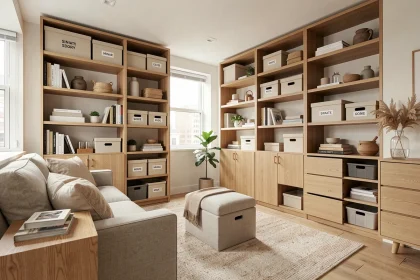 Appartement moderne bien rangé avec solutions de rangement intégrées, étagères, boîtes étiquetées et meubles multifonctions