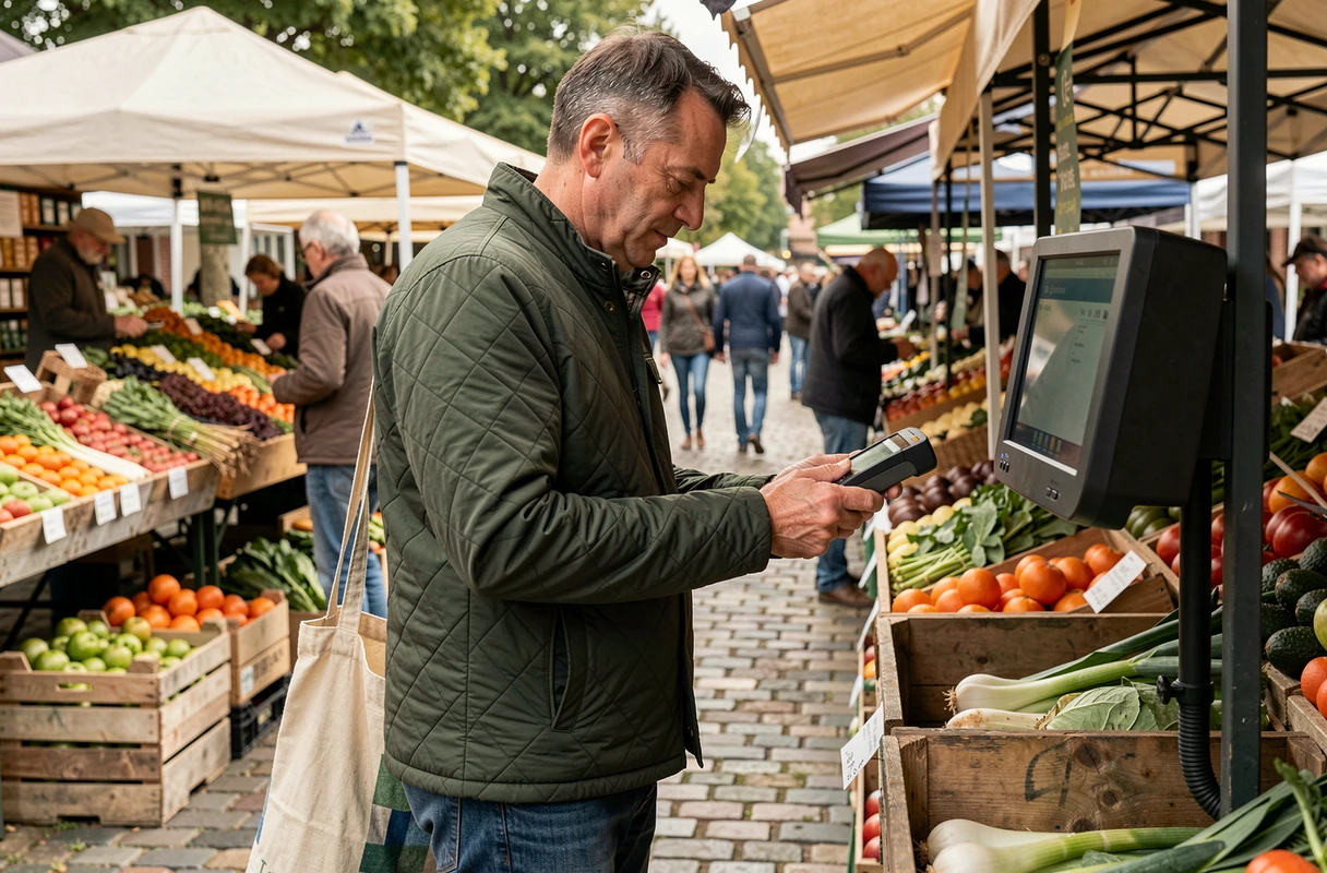 Homme utilisant un terminal de paiement en cryptomonnaie sur un marché de producteurs en plein air