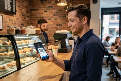 Homme payant avec une application de cryptomonnaie sur son smartphone dans un café urbain moderne