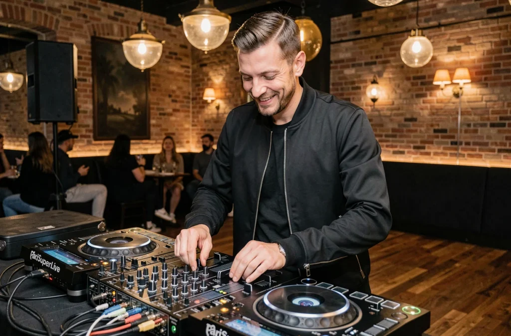 DJ de PariSuperLive aux platines dans une salle de concert élégante à Paris, en pleine performance