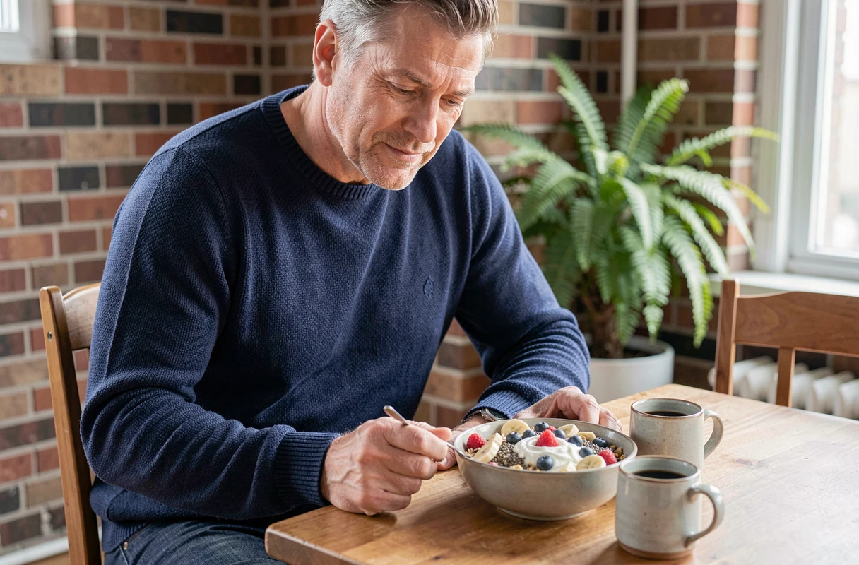 Homme savourant un bol de petit-déjeuner riche en fibres avec fruits et graines dans un appartement moderne