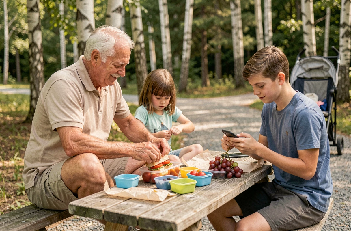 Grand-père aidant sa petite-fille à préparer son sandwich lors d'un pique-nique intergénérationnel