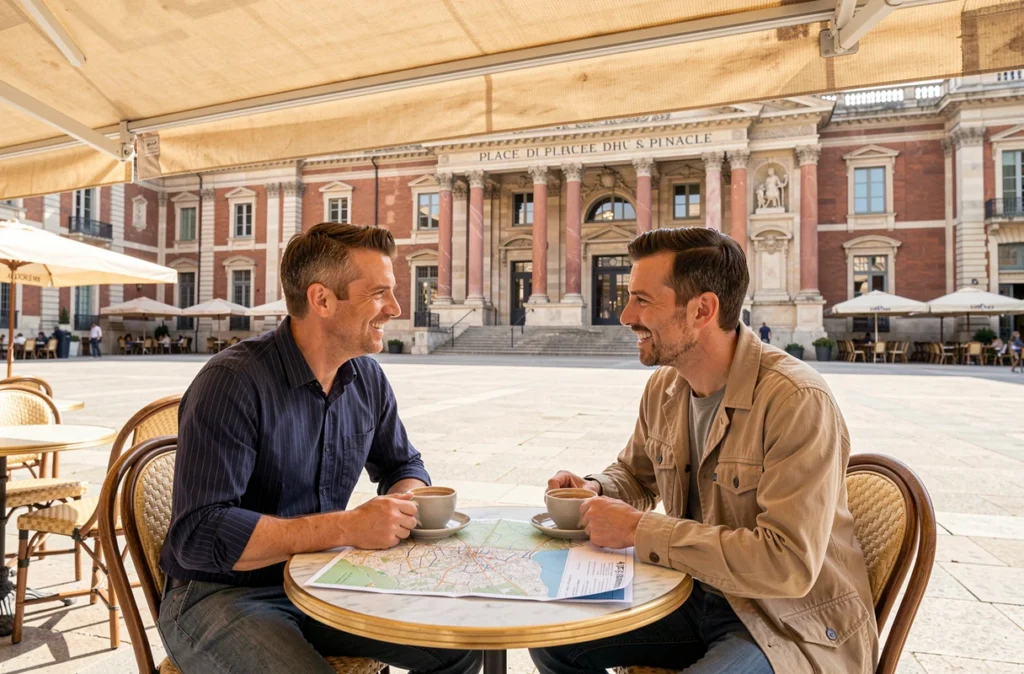 Deux amis consultant une carte de Toulouse en terrasse de café sur la Place du Capitole