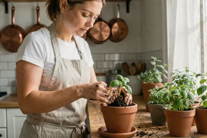 Femme installant un potager d'herbes aromatiques dans sa cuisine avec des pots en terre cuite sur un plan de travail en bois