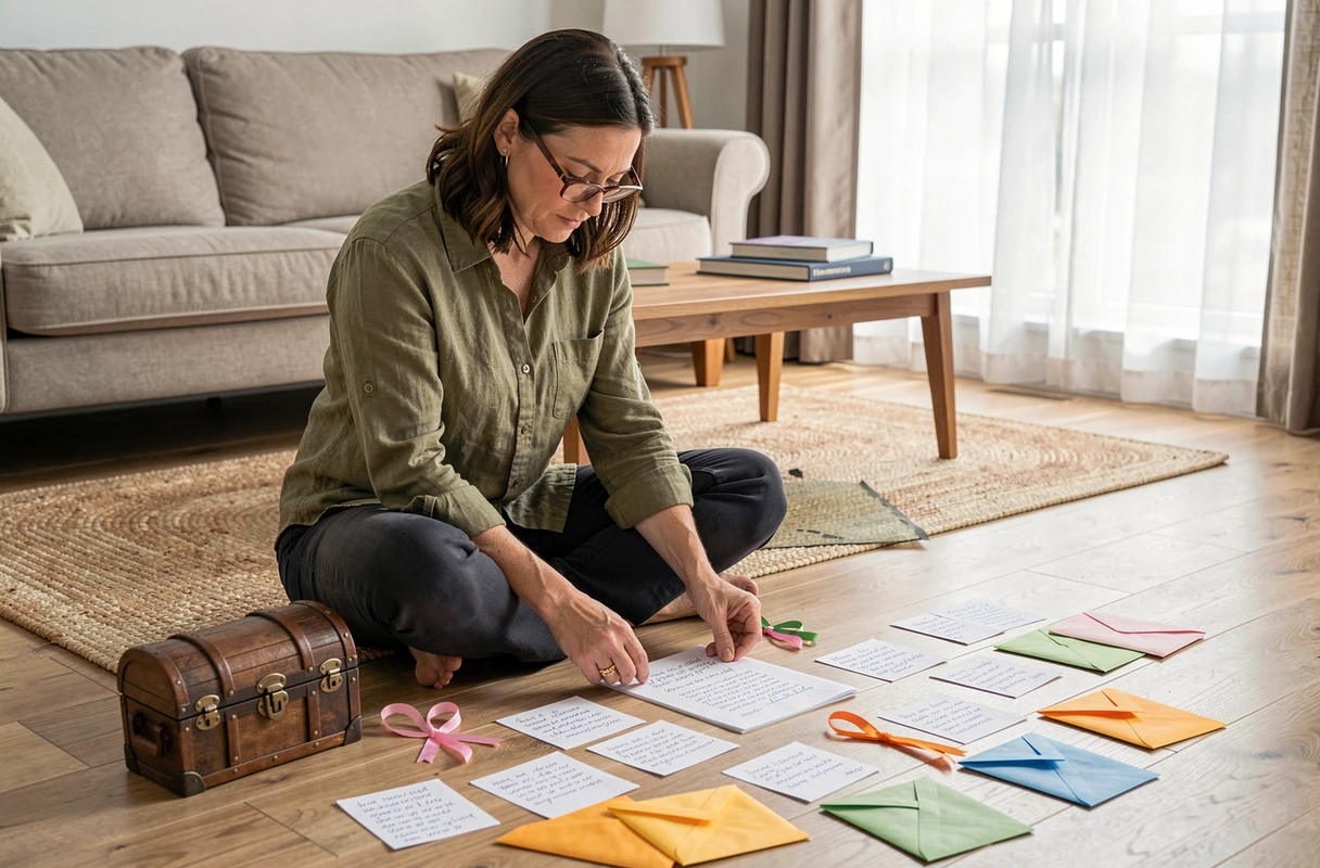 Mère préparant des indices et accessoires pour organiser une chasse au trésor familiale dans le salon, entourée de cartes manuscrites et d'un coffre miniature