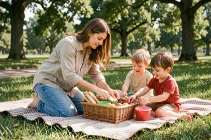 Mère préparant un pique-nique avec ses enfants sur une couverture à carreaux dans un parc verdoyant