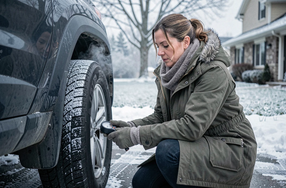 Femme contrôlant la pression d'un pneu hiver sur un SUV dans une allée enneigée en hiver