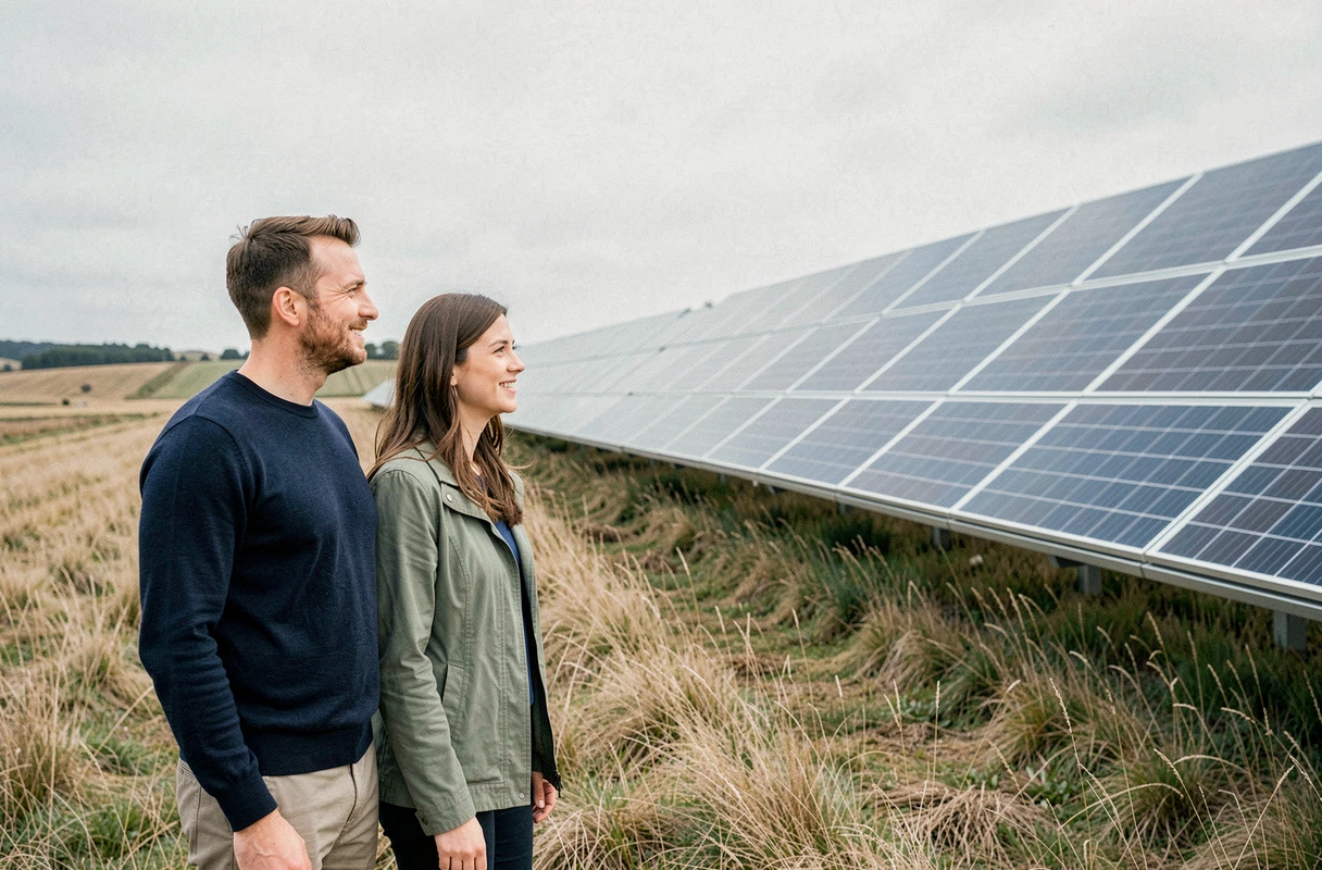 Deux jeunes professionnels découvrant une installation de panneaux solaires dans le cadre d'un investissement à impact vert
