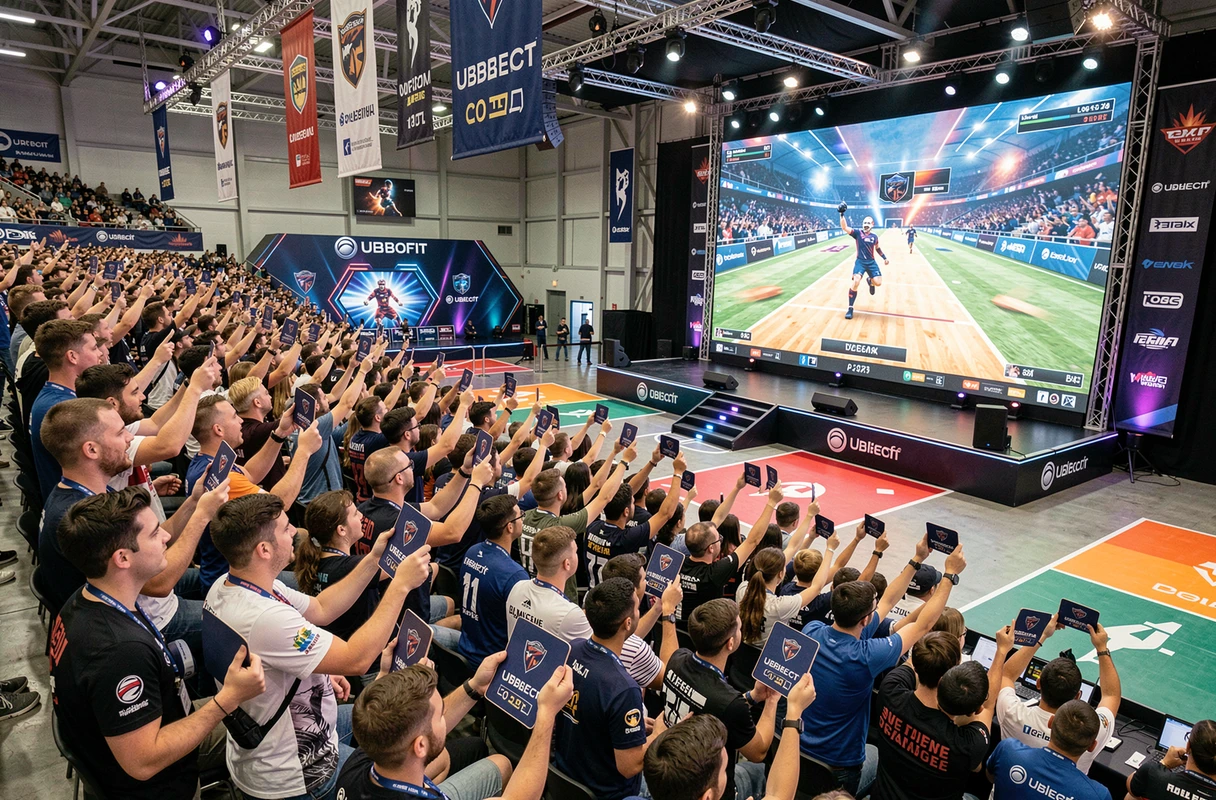 Public enthousiaste lors d'un tournoi esport Ubisoft dans une grande salle de compétition française avec écran géant et bannières de sponsors