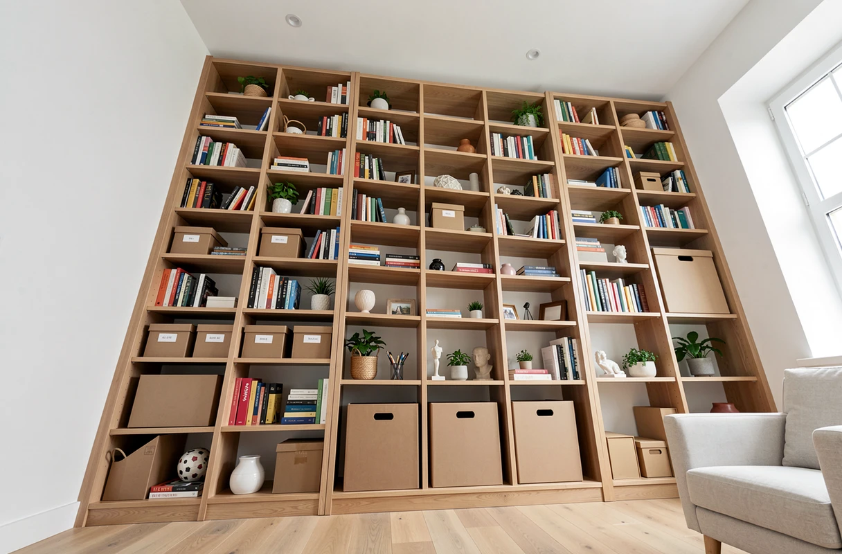 Bibliothèque intégrée du sol au plafond avec livres, boîtes de rangement étiquetées et plantes, libérant entièrement le sol