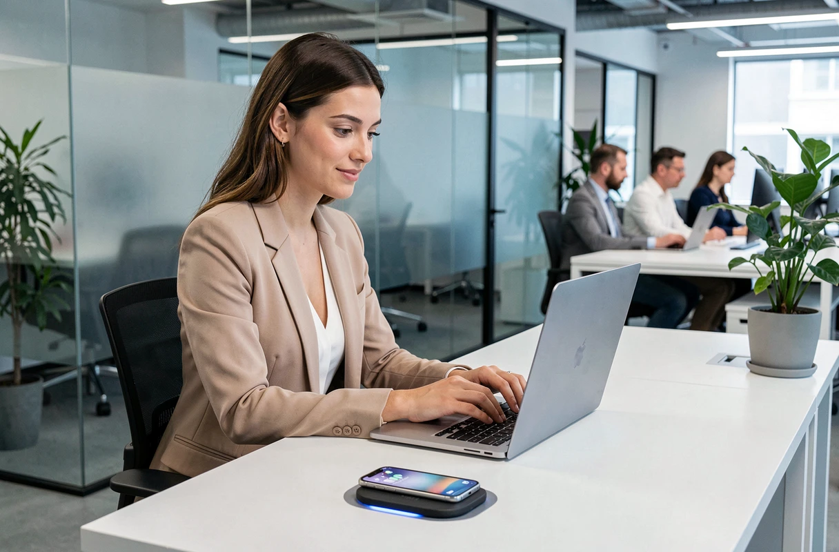 Femme professionnelle avec smartphone en recharge sans fil intégrée dans un bureau en open space moderne