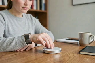 Femme posant une smartwatch sur un chargeur sans fil sur un bureau en bois dans un bureau à domicile
