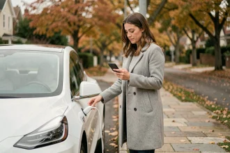 Femme branchant sa voiture électrique dans une rue résidentielle en automne
