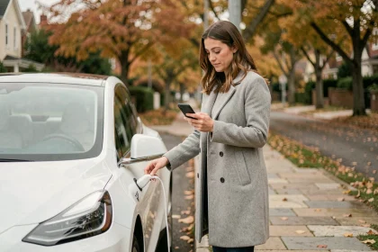 Femme branchant sa voiture électrique dans une rue résidentielle en automne