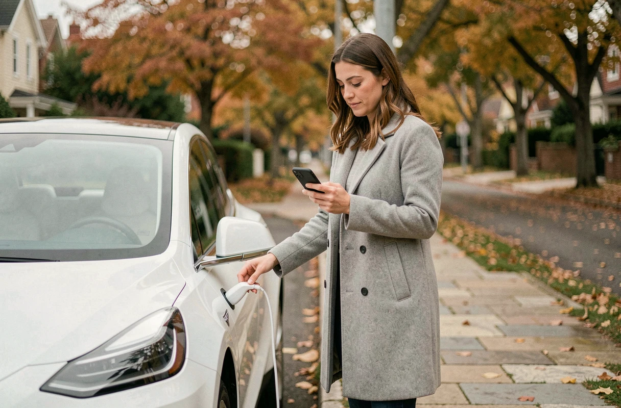 Femme branchant sa voiture électrique dans une rue résidentielle en automne