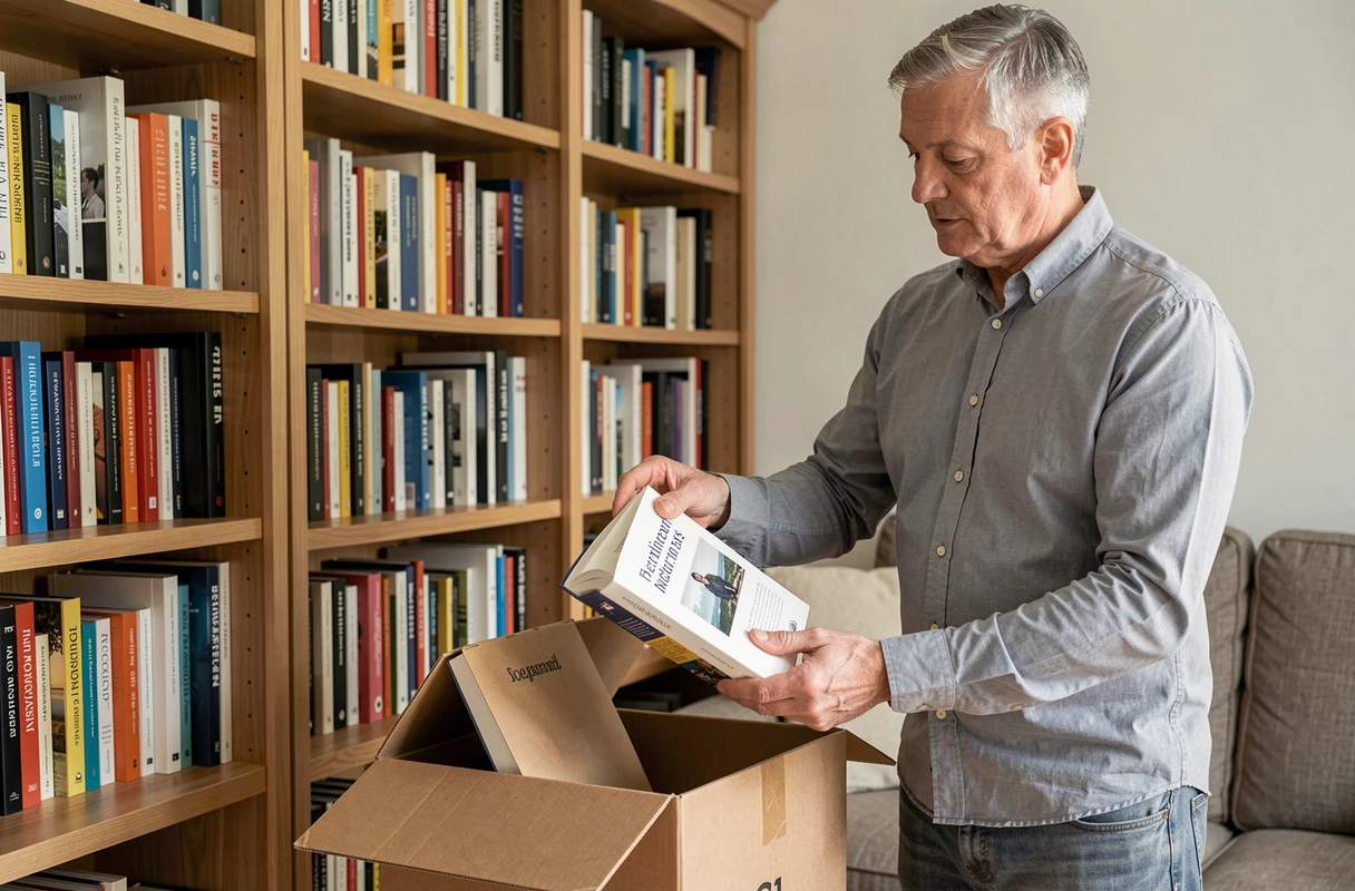 Homme appliquant la règle un objet entre un objet sort en déposant un ancien livre dans une boîte de don tout en tenant un nouveau