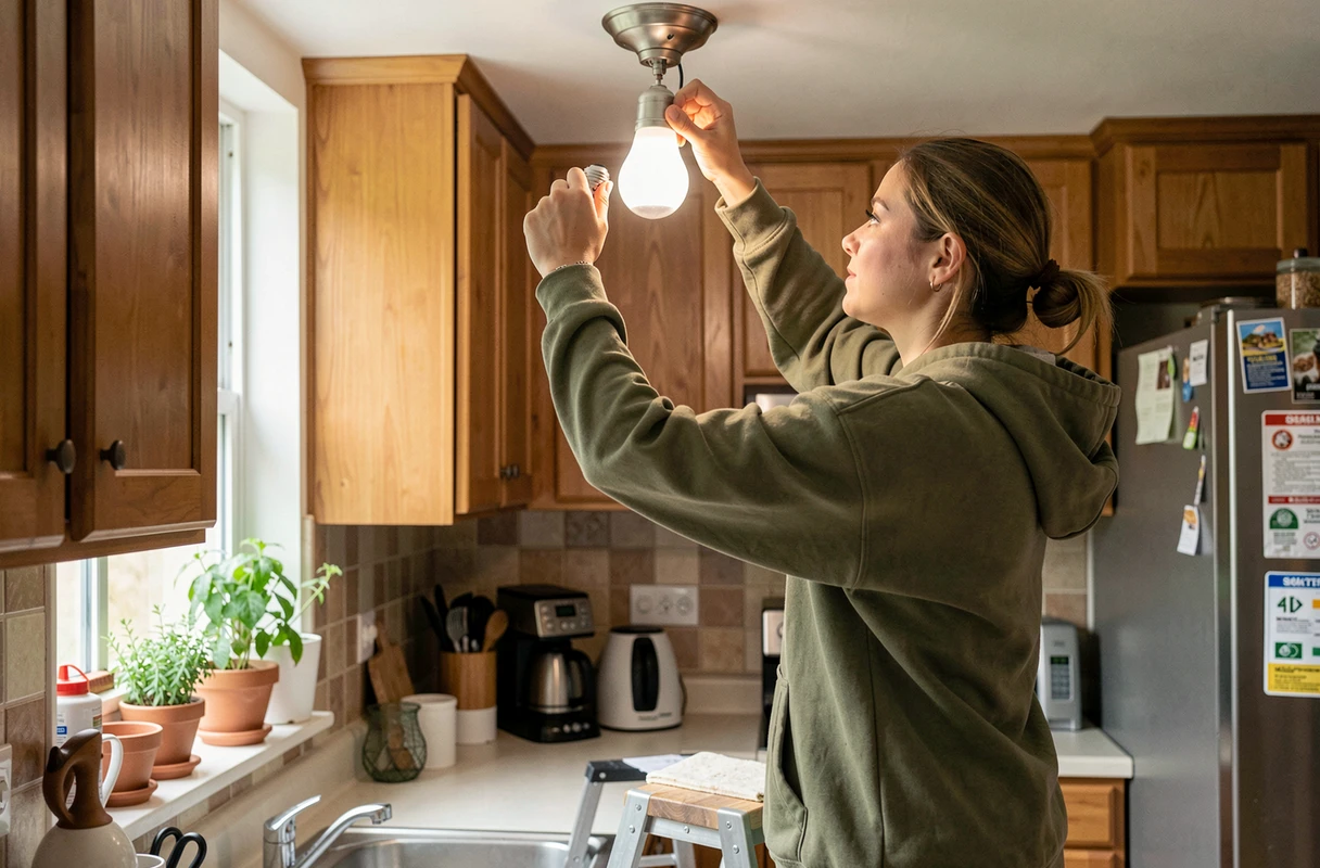 Jeune femme remplaçant une ampoule classique par une ampoule LED pour économiser l'électricité à la maison