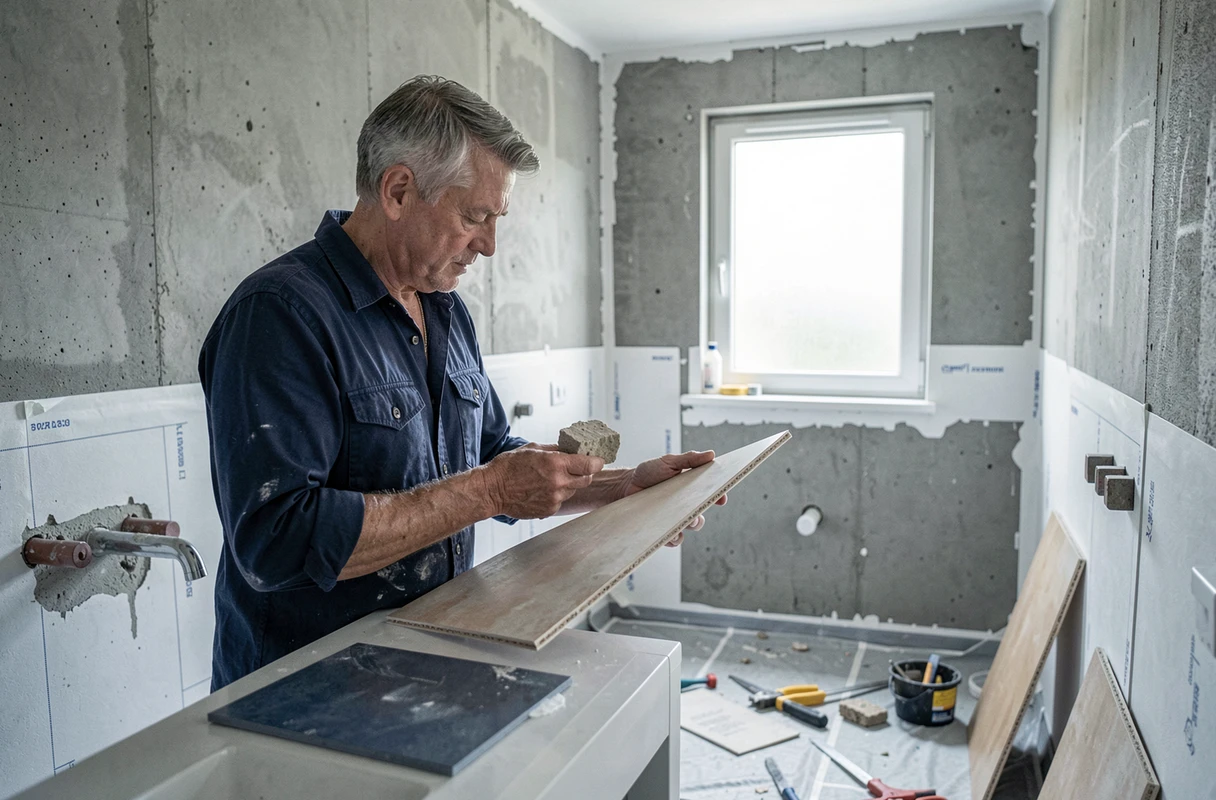 Artisan comparant un carrelage céramique et une pierre naturelle lors de la rénovation d'une salle de bain en chantier