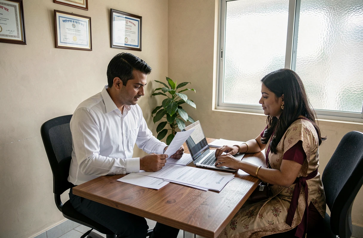 Entrepreneur rencontrant un conseiller de microfinance dans une agence régionale pour obtenir un microcrédit