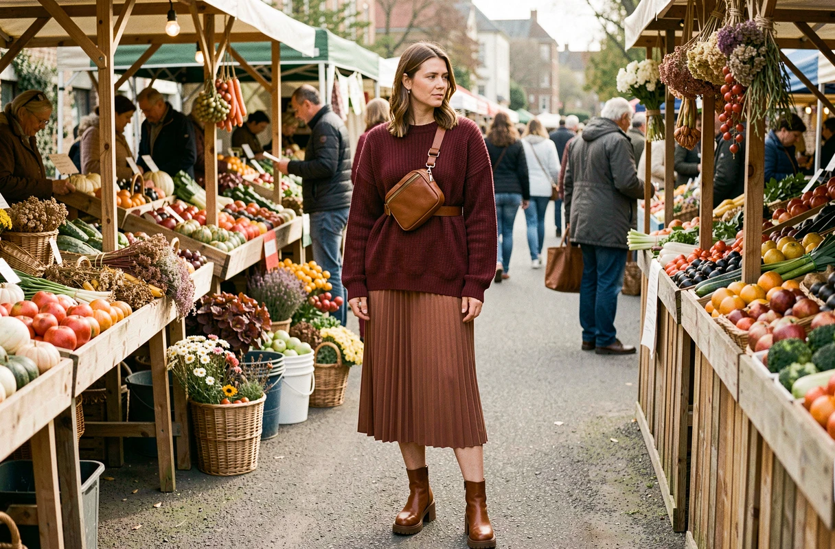 Femme portant un sac banane en cuir cognac comme ceinture sur une jupe midi au marché en plein air du week-end