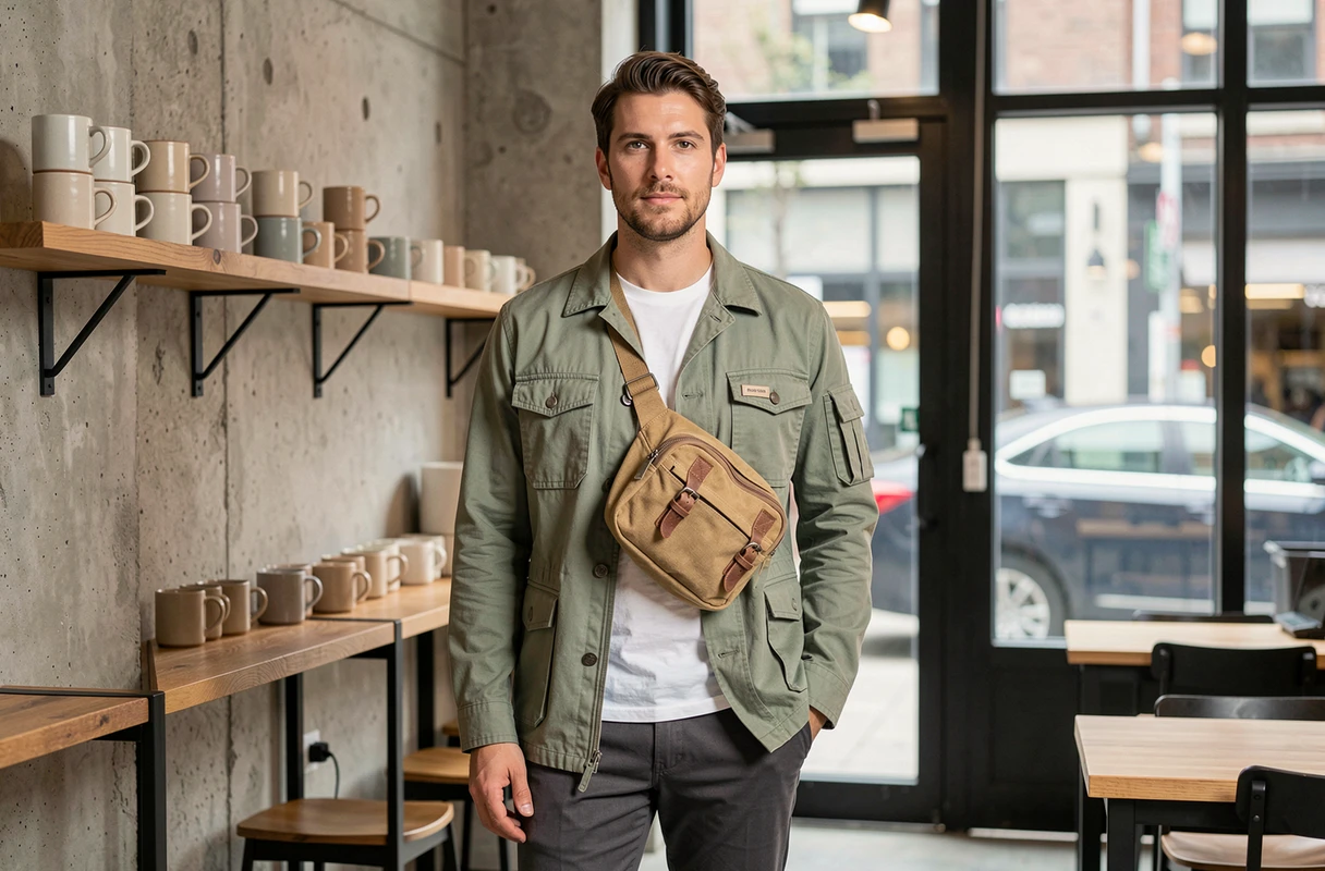 Homme avec un sac banane en toile beige autour de la taille dans un café urbain moderne au décor en béton brut