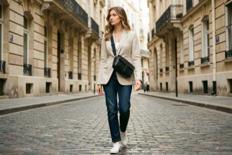 Femme portant un sac banane en cuir noir en bandoulière croisée sur une tenue décontractée chic dans une rue pavée parisienne