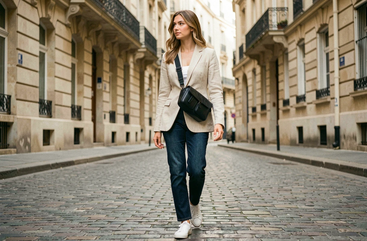 Femme portant un sac banane en cuir noir en bandoulière croisée sur une tenue décontractée chic dans une rue pavée parisienne