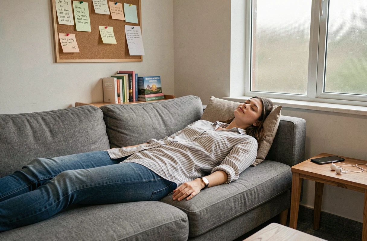 Jeune femme professionnelle allongée sur un canapé dans une salle de repos au bureau, pratiquant une sieste courte pour améliorer sa concentration et sa productivité