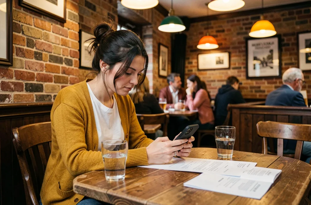 Femme scannant un document avec son smartphone dans un pub anglais chaleureux