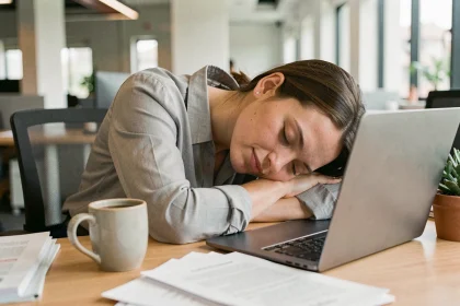 Femme faisant une sieste courte à son bureau dans un open space, la tête posée sur ses bras croisés, pour illustrer les bienfaits de la micro-sieste au travail