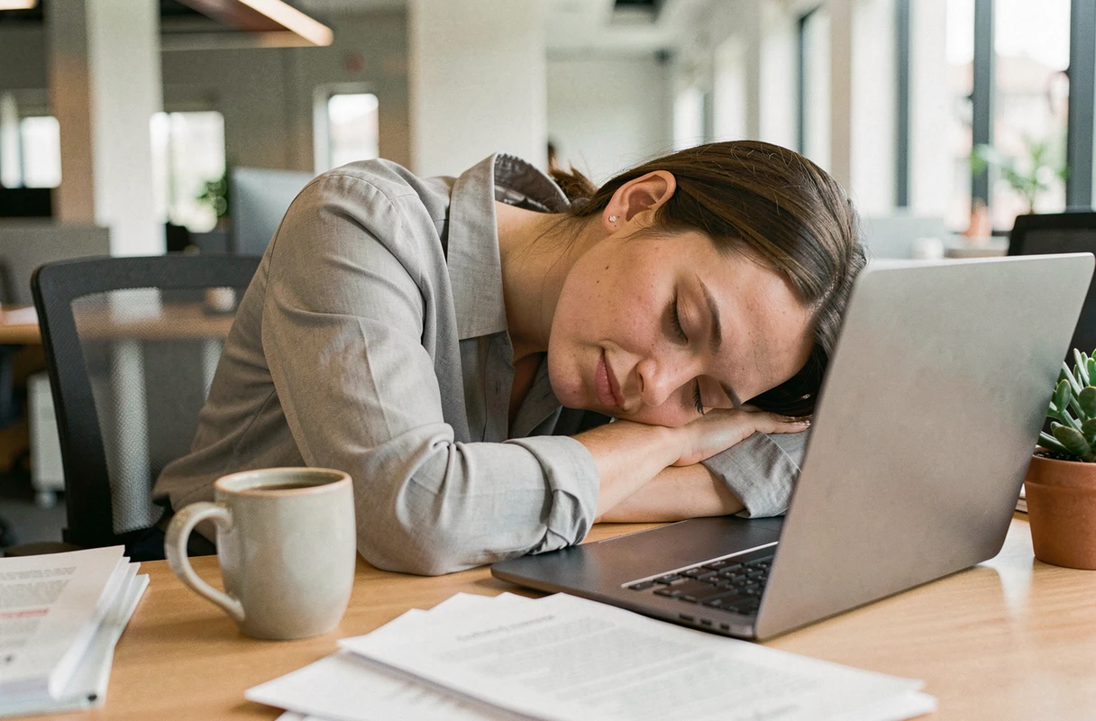 Femme faisant une sieste courte à son bureau dans un open space, la tête posée sur ses bras croisés, pour illustrer les bienfaits de la micro-sieste au travail