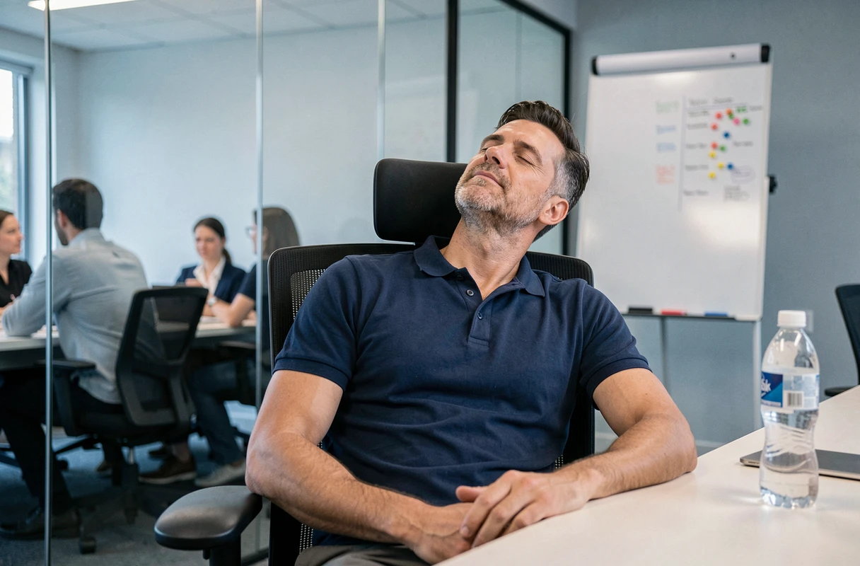 Homme d'une quarantaine d'années faisant une sieste rapide dans une salle de réunion vitrée, illustrant l'amélioration de l'attention grâce à la sieste au bureau