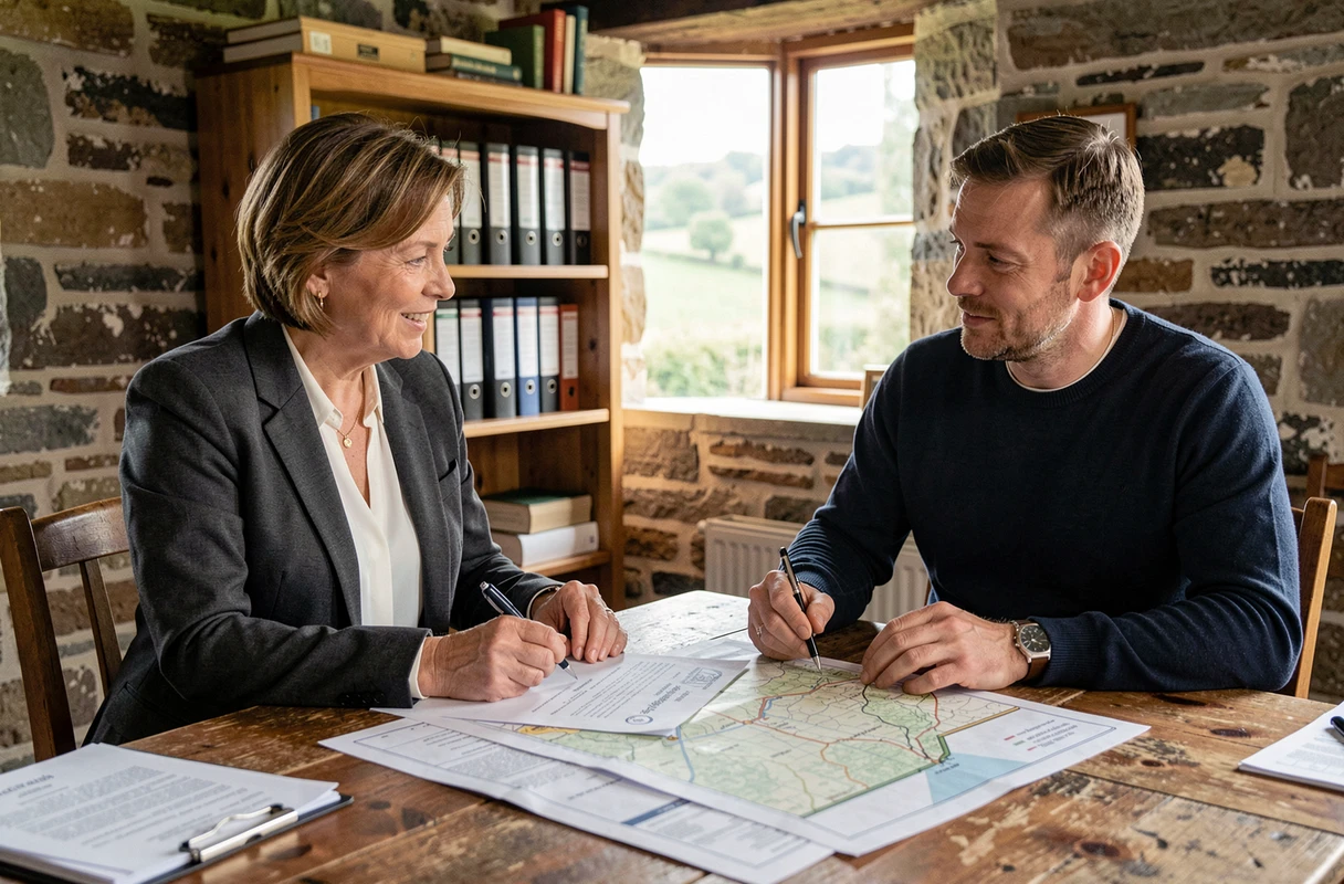 Notaire et client examinant les documents d'achat d'un terrain constructible rural dans un bureau en pierre