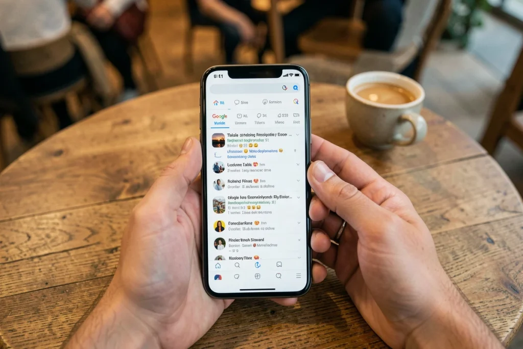 Mains tenant un smartphone affichant des résultats de recherche Google dans un café, vue de dessus