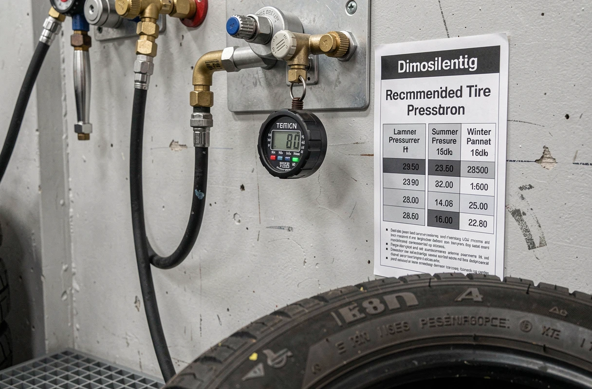 Station de gonflage professionnelle dans un garage automobile avec manomètre numérique et tableau de référence des pressions saisonnières