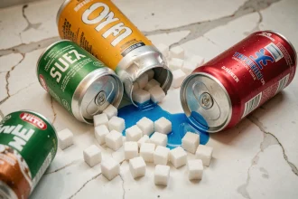 Canettes de boissons énergisantes entourées de morceaux de sucre illustrant la teneur cachée en sucre