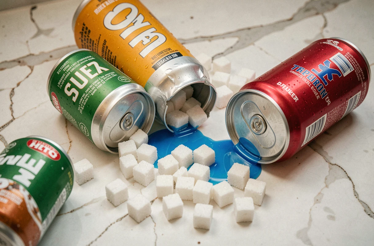 Canettes de boissons énergisantes entourées de morceaux de sucre illustrant la teneur cachée en sucre