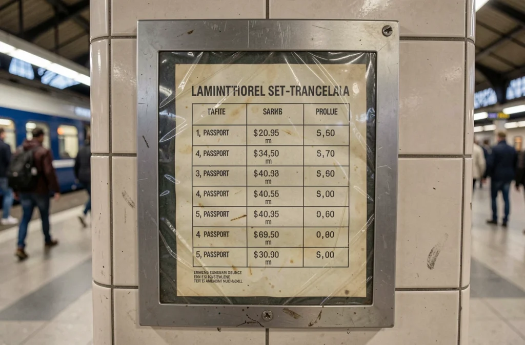 Affichage du tarif officiel d'un photomaton en gare avec prix pour 4 photos