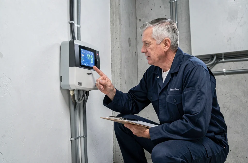 Technicien EDF ENR vérifiant les données de production d'énergie sur un onduleur solaire et compteur électrique dans une maison moderne